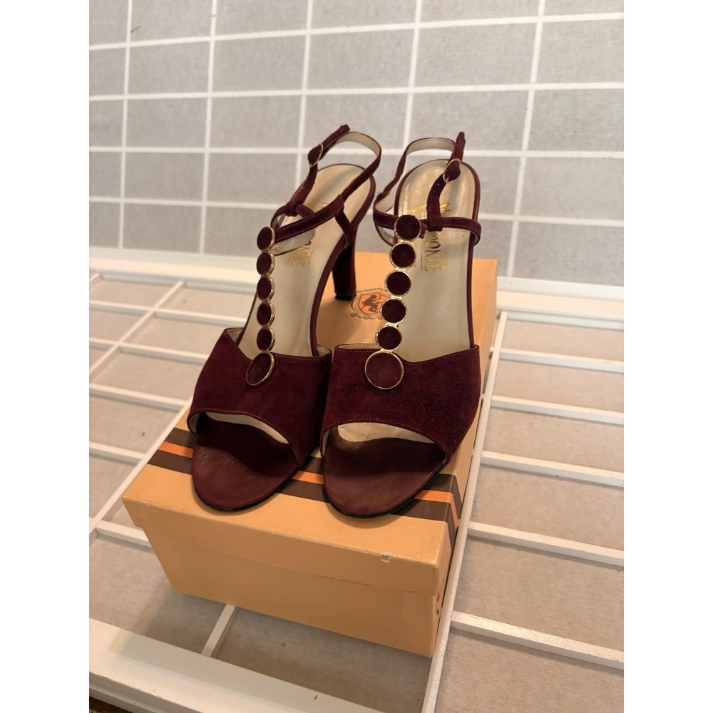 VINTAGE w/ Box Wine Claret Strappy Italian Leather Shoes Miramonte Onda Sz 9.5